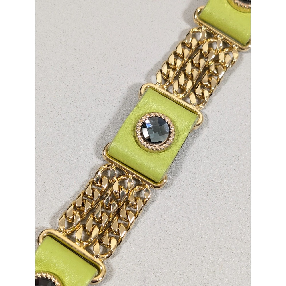 Edgy Green Leather Cuff Bracelet Gold Chain Gray Glass‎ Stud Snap 7"